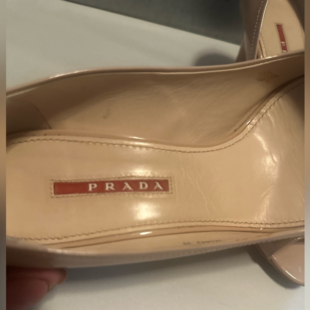 Prada Nude Patent Leather Peep-Toe Pumps - Picture 2 of 11